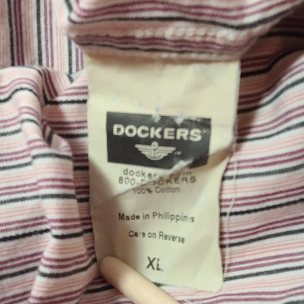 Dockers XL Striped Short Sleeve Shirt Pink White Black Cotton Button-Front - Picture 4 of 8